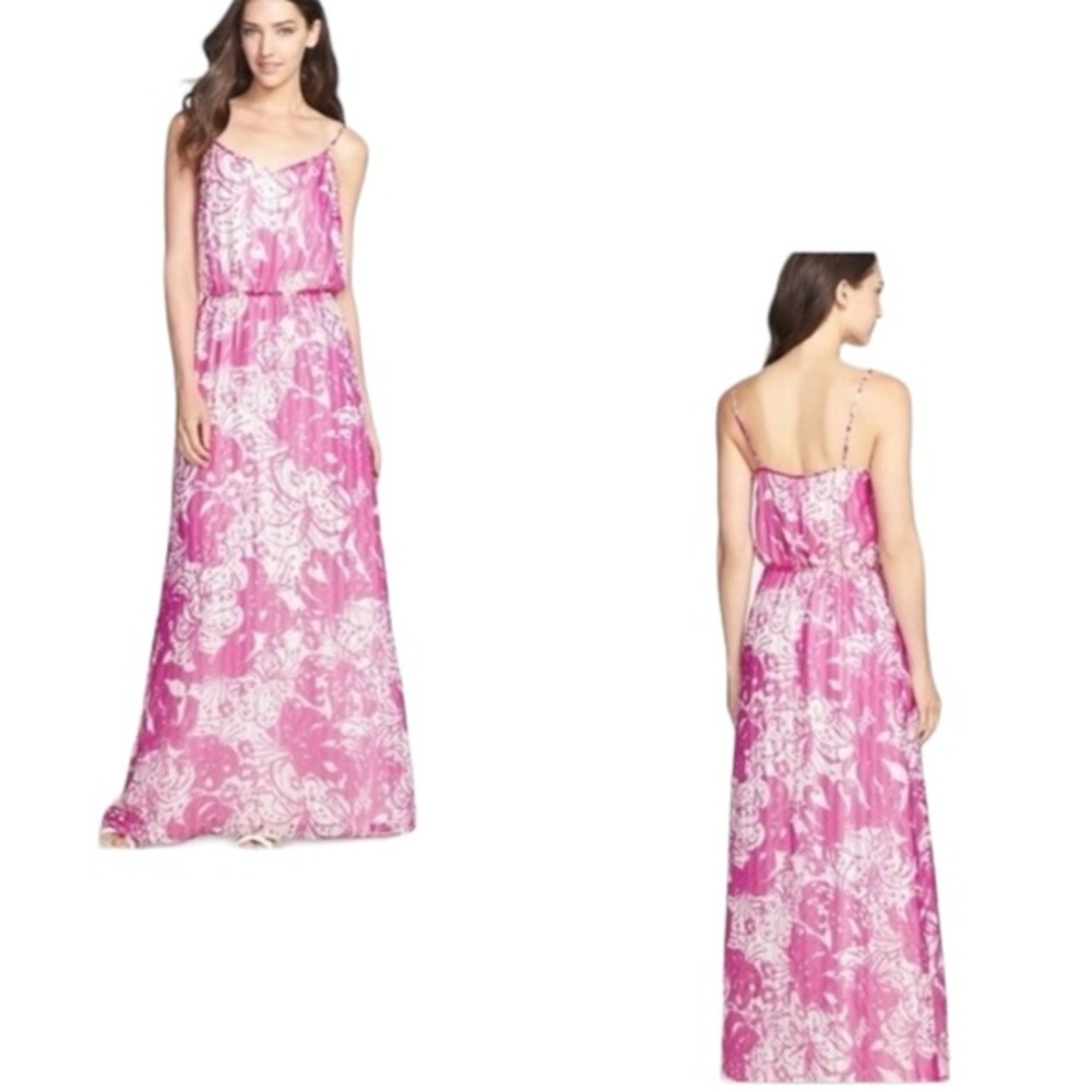 Lilly Pulitzer Purple & Gold Metallic Maxi Dress Size Small 95% Silk 5% Metallic